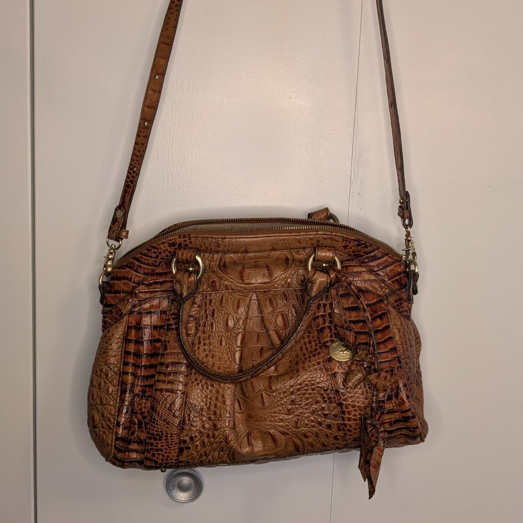 Euc Brahmin Louise Rose Melbourne Leather Satchel Bag With Roses- Toasted Almond